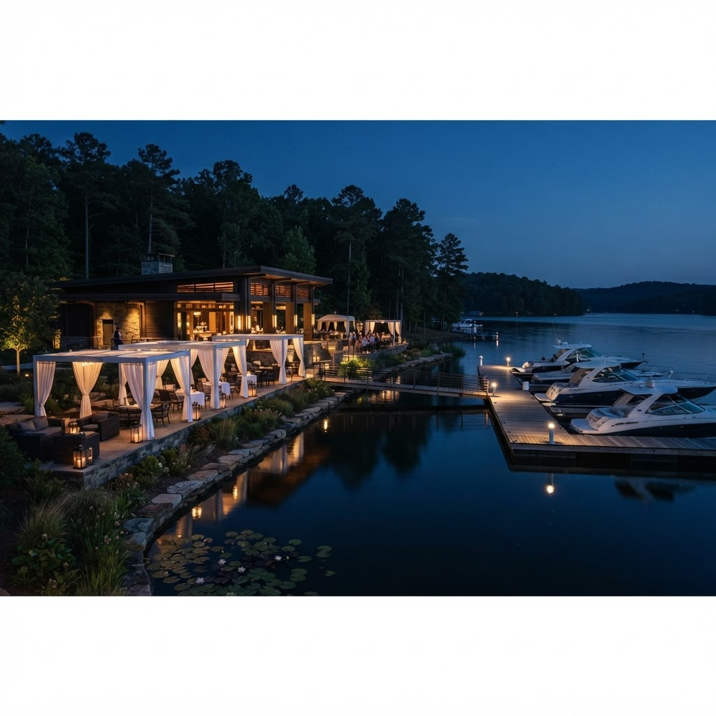 The Lake Lotus waterfront, with candlelit cabanas and boats at dusk